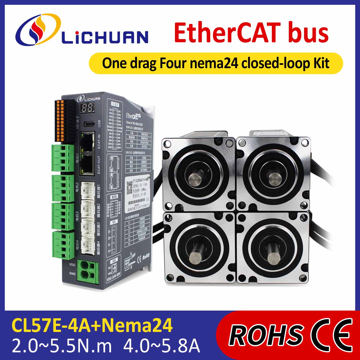 EtherCAT 2-faasiline Nema24 4-teljeline alalisvoolu suletud ahelaga samm-mootori draiverite komplekt
