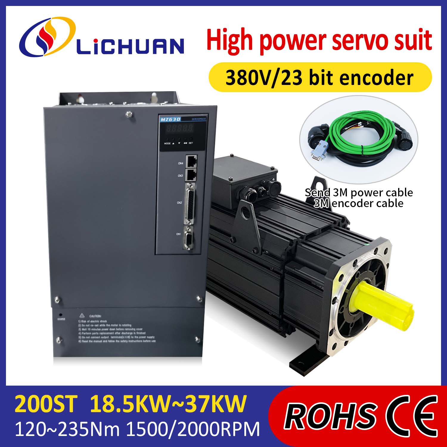 Lichuani vahelduvvoolu servomootori draiverite komplekt SUUR VÕIMSUS 88N.m 18,5KW AC380V 31.6A 1500/2000RPM IP65
