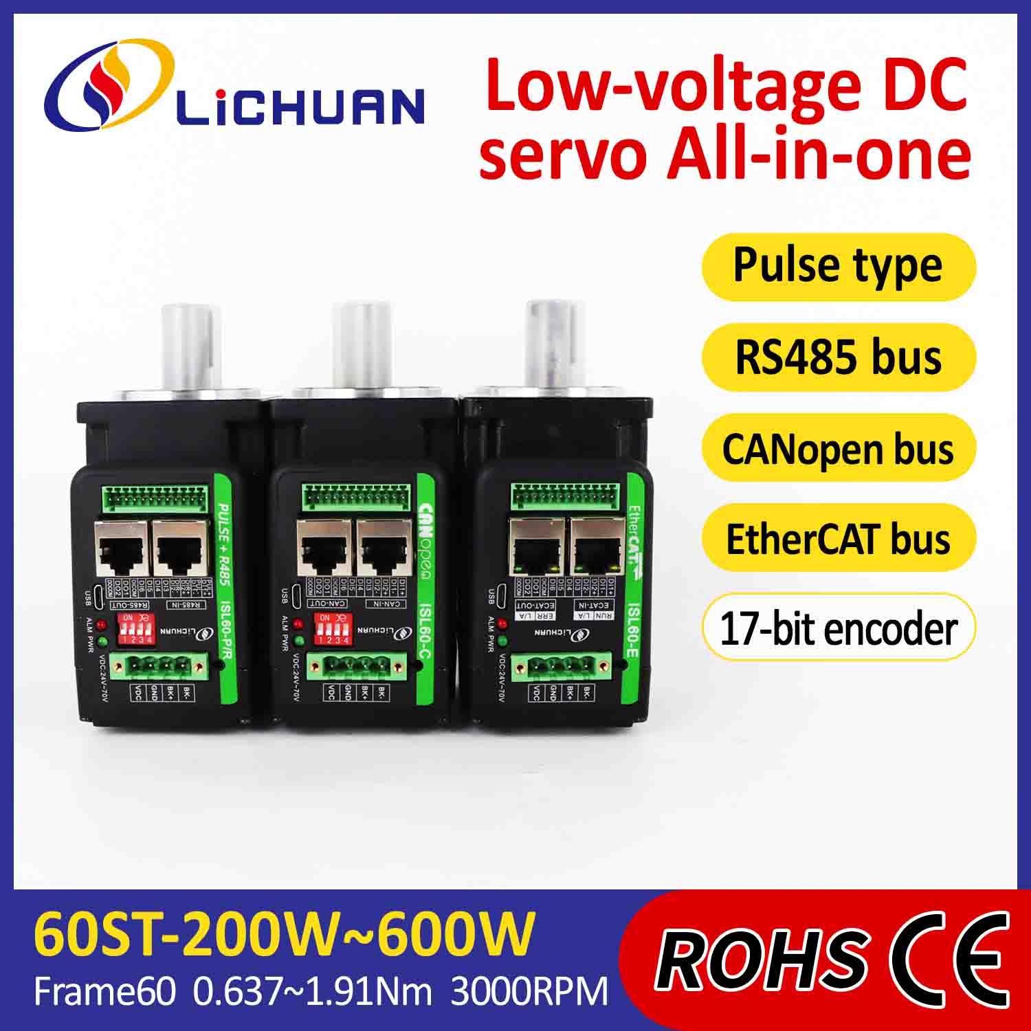 Lichuani integreeritud servomootori draiver L-kujuline 200 W 0,637 N.m DC24/48V 6.0/10/12/15A 3000 RPM IP65
