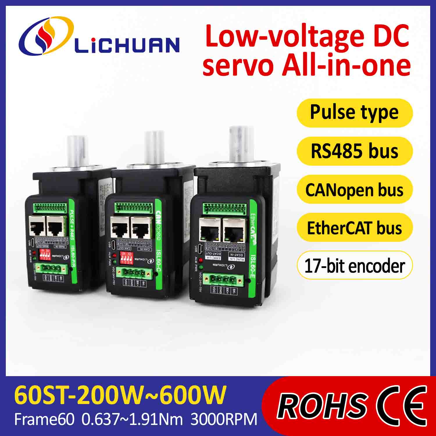 Lichuani integreeritud servomootori draiver L-kujuline 400 W 1,27 N.m DC24/48V 6.0/10/12/15A 3000 RPM IP65