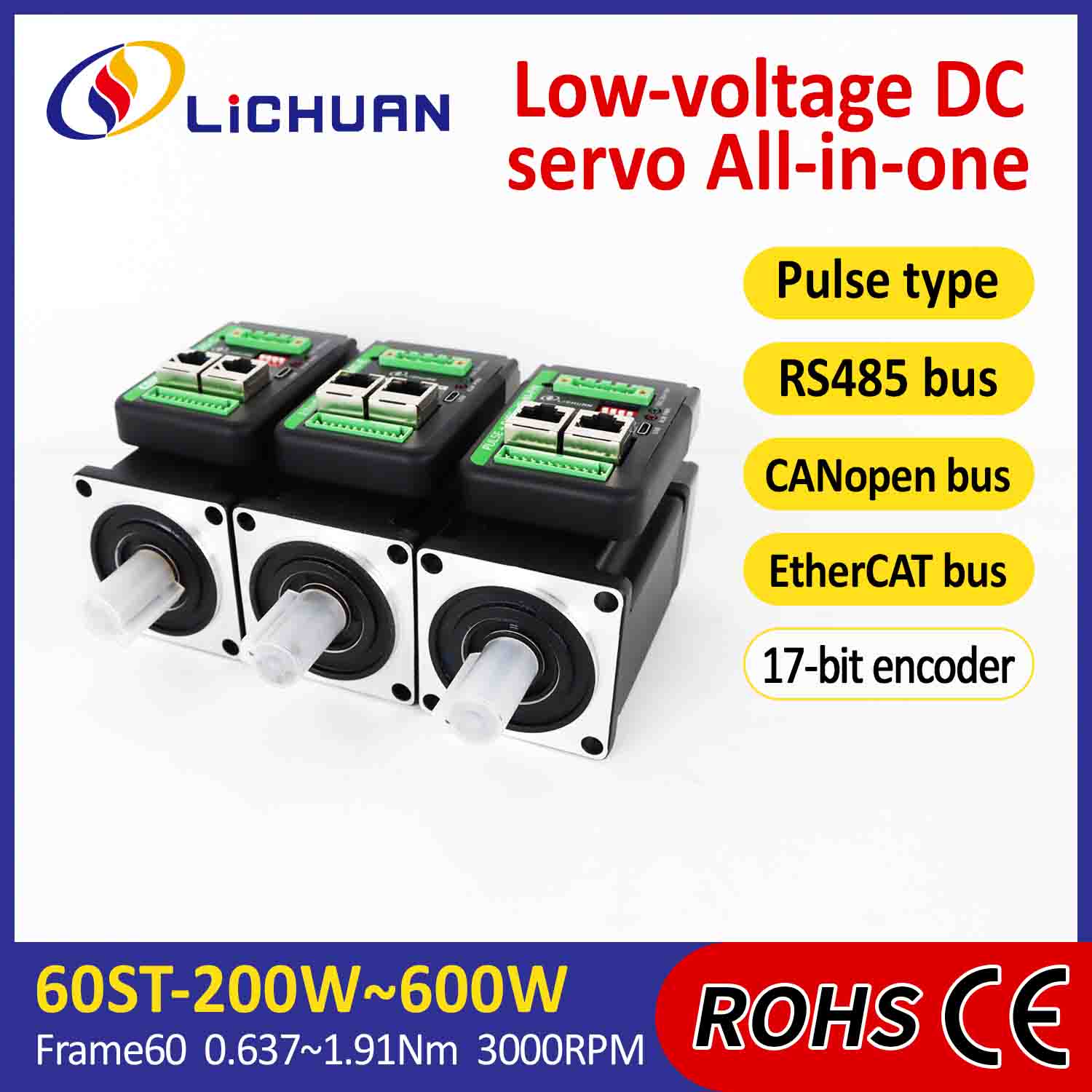 Lichuani integreeritud servomootori draiver L-kujuline 600 W 1,91 N.m DC24/48V 6.0/10/12/15A 3000 RPM IP65