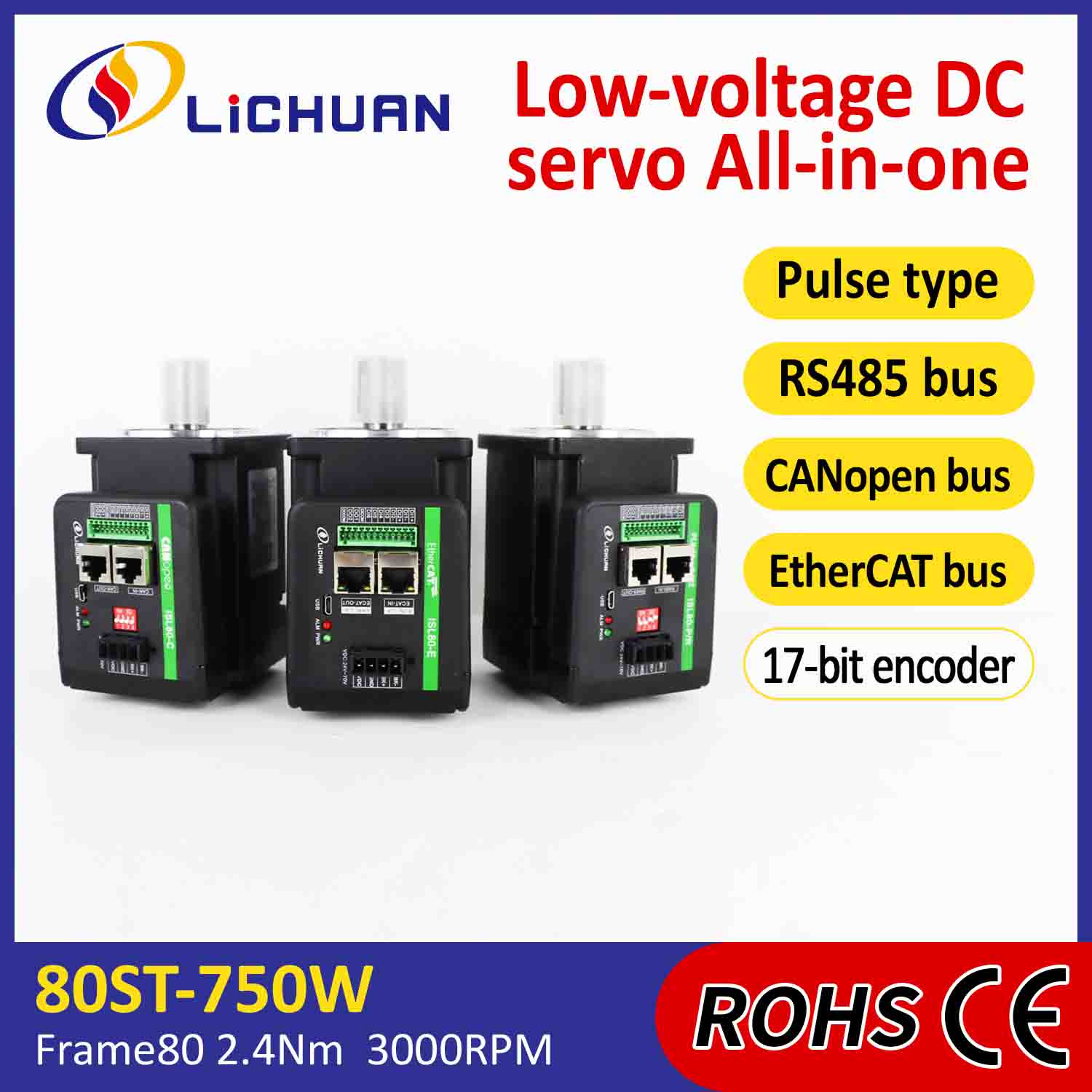 Lichuani integreeritud servomootori draiver L-kujuline 750 W 2,4 N.m DC48V 20A 3000 RPM IP65