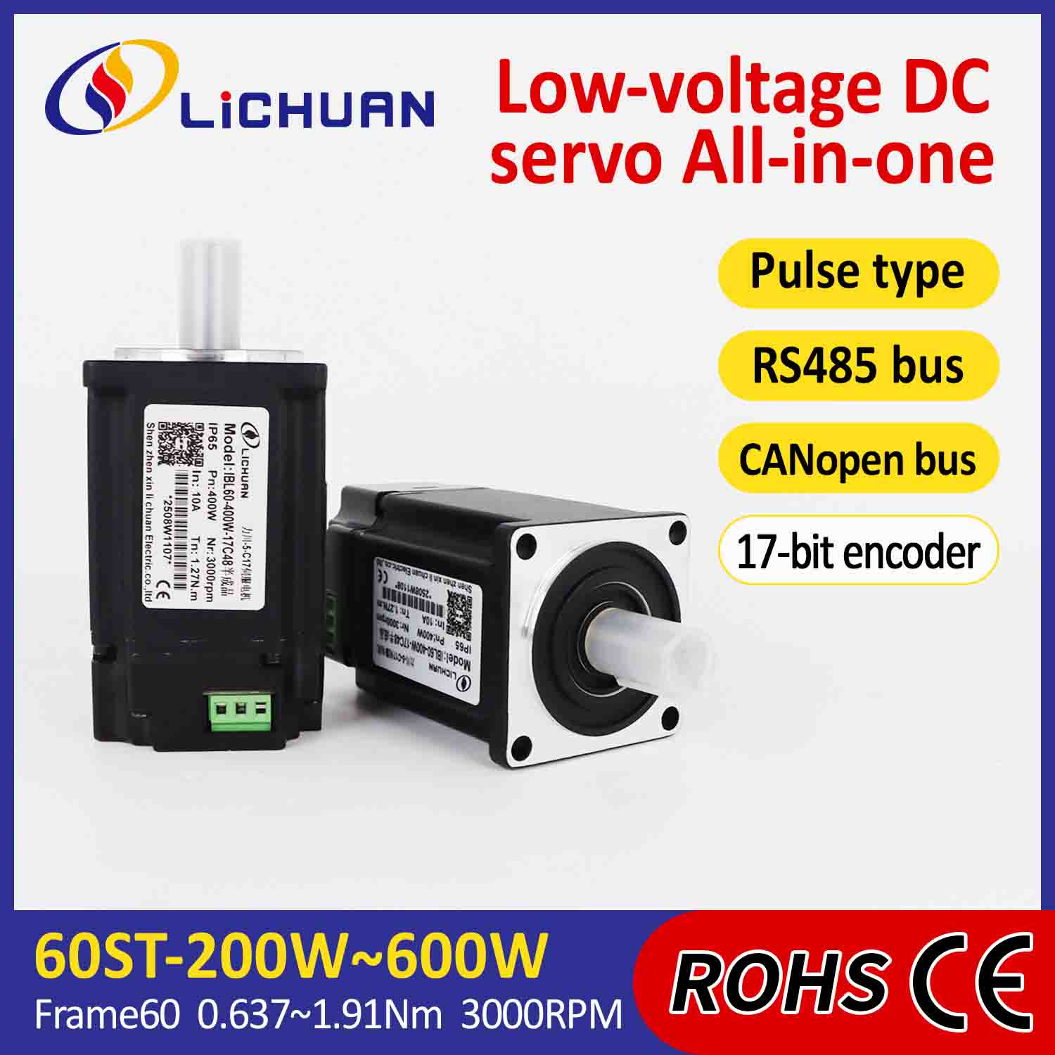 Lichuani integreeritud servomootori draiveri impulss/RS485/CANopen Control 600W 1,91N.m DC24/48V 6/10/12/15A 3000RPM IP65